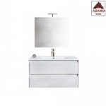 Mobile da bagno sospeso in legno 90 cm bianco con set lavabo specchio 2 cassetti